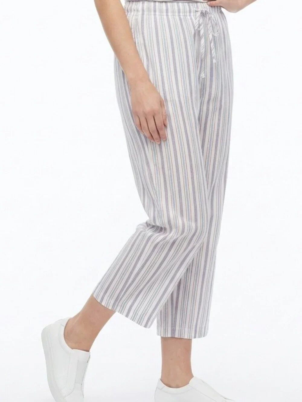 Women's PREMISE 3X White Blue Striped Ankle Crop Lightweight Pajama Lounge Pants